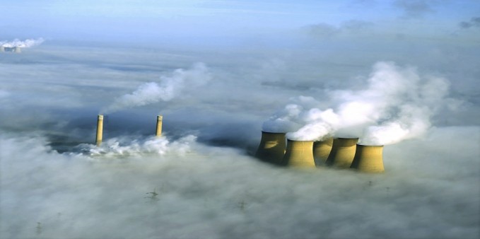 High Marnham power station in fog from the air.